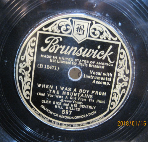 Glen Rice and His Beverly Hill Billies - When I Was A Boy From The Mountains b/w Swiss Yodel
