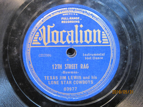 Texas Jim Lewis & His Lone Star Cowboys - 12th Street Rag b/w Way Down Upon The Swanee River
